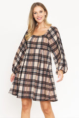 Plaid Balloon Sleeve Midi Dress