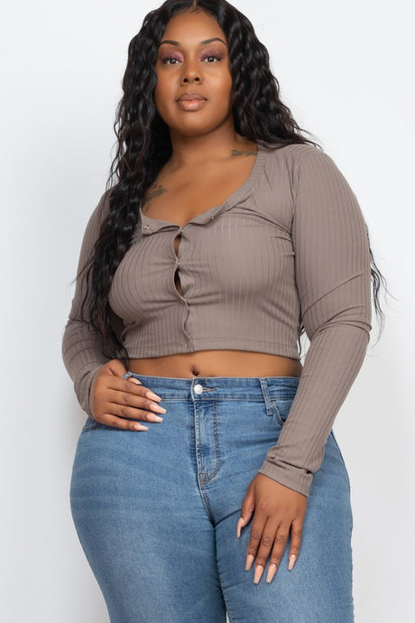 Plus Size Long Sleeve Snap Button Down Crop Top king-general-store-5710.myshopify.com