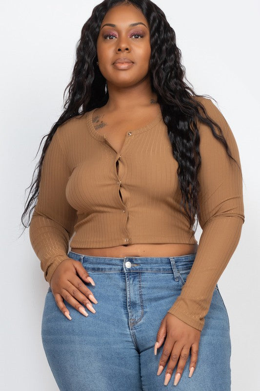 Plus Size Long Sleeve Snap Button Down Crop Top king-general-store-5710.myshopify.com