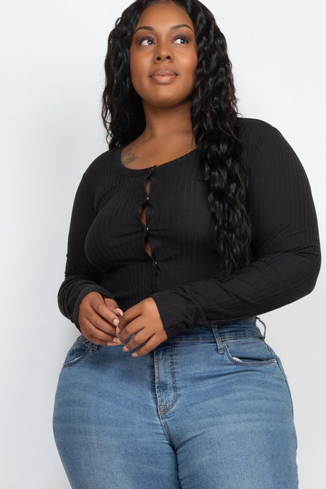Plus Size Long Sleeve Snap Button Down Crop Top king-general-store-5710.myshopify.com
