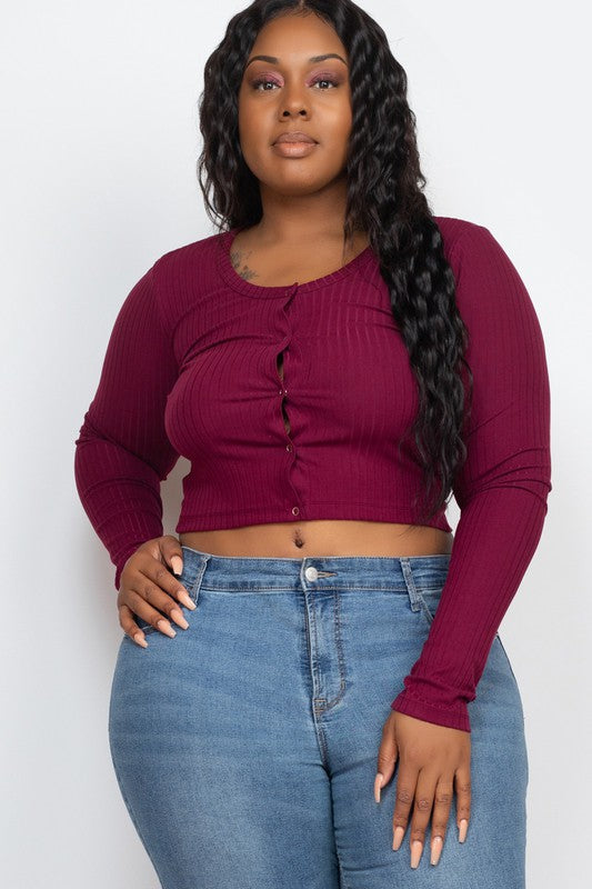 Plus Size Long Sleeve Snap Button Down Crop Top king-general-store-5710.myshopify.com