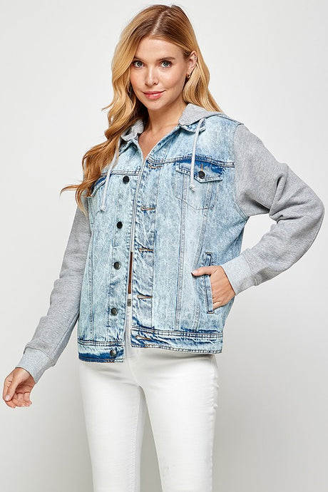 Light Blue Denim Fleece Hoodie Jacket king-general-store-5710.myshopify.com