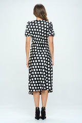 Stretch Satin Polka Dot Print Midi Dress