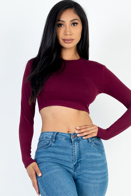 Crew Neck Long Sleeve Cropped Top king-general-store-5710.myshopify.com
