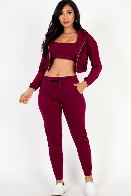 Cropped Cami with Zip-up Jacket and Joggers Set king-general-store-5710.myshopify.com