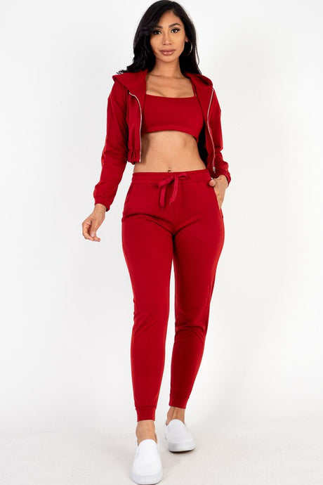 Cropped Cami with Zip-up Jacket and Joggers Set king-general-store-5710.myshopify.com