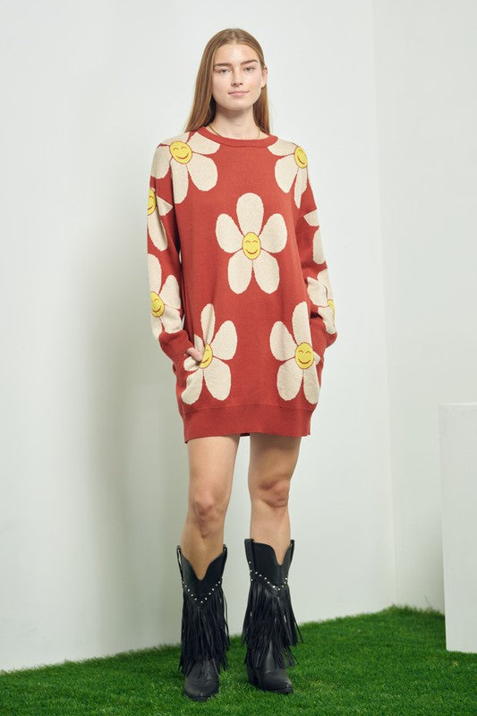 Happy Flower Face Long Sweater with Pockets king-general-store-5710.myshopify.com