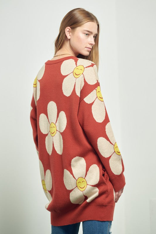 Happy Flower Face Long Sweater with Pockets king-general-store-5710.myshopify.com