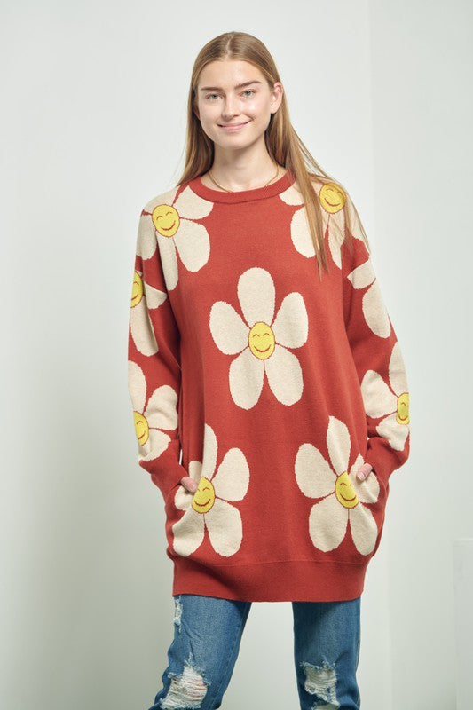 Happy Flower Face Long Sweater with Pockets king-general-store-5710.myshopify.com