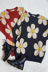Happy Flower Face Long Sweater with Pockets king-general-store-5710.myshopify.com