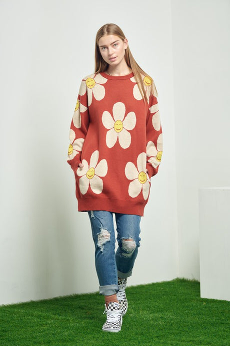 Happy Flower Face Long Sweater with Pockets king-general-store-5710.myshopify.com