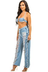 Denim Bra Top Multi Cut Pant Set king-general-store-5710.myshopify.com