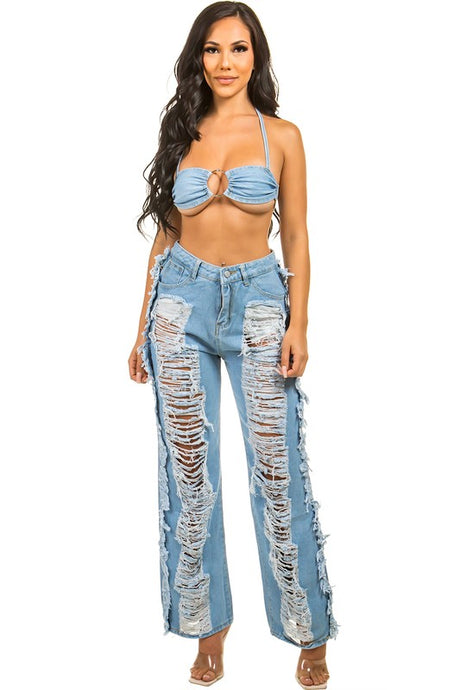 Denim Bra Top Multi Cut Pant Set king-general-store-5710.myshopify.com