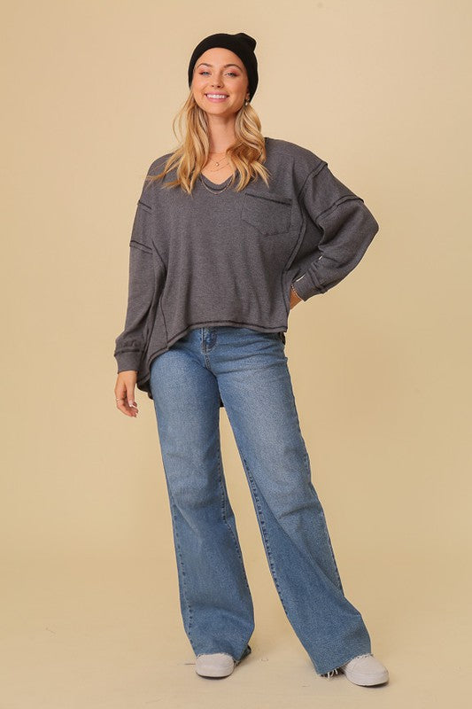 Thermal High Low V-Neck Oversized Top king-general-store-5710.myshopify.com