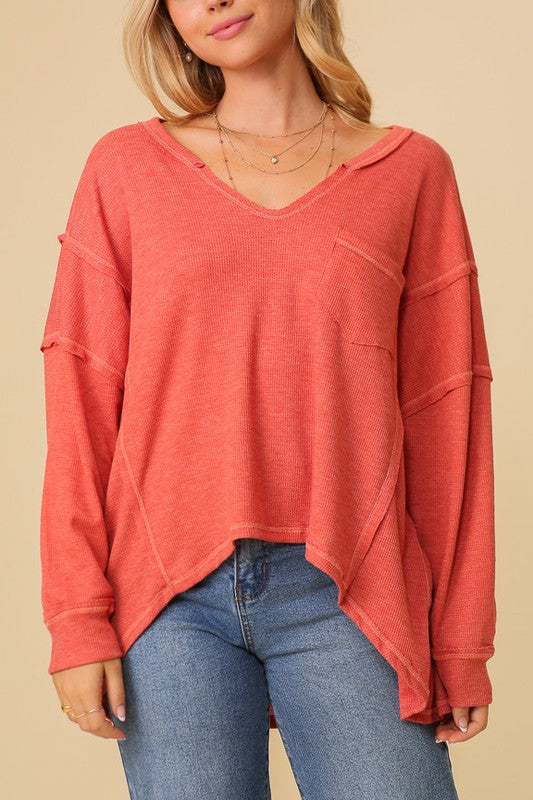 Thermal High Low V-Neck Oversized Top king-general-store-5710.myshopify.com