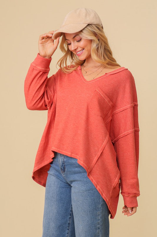 Thermal High Low V-Neck Oversized Top king-general-store-5710.myshopify.com