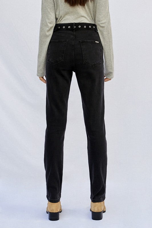 High Waisted Straight Black Wash Denim Jeans