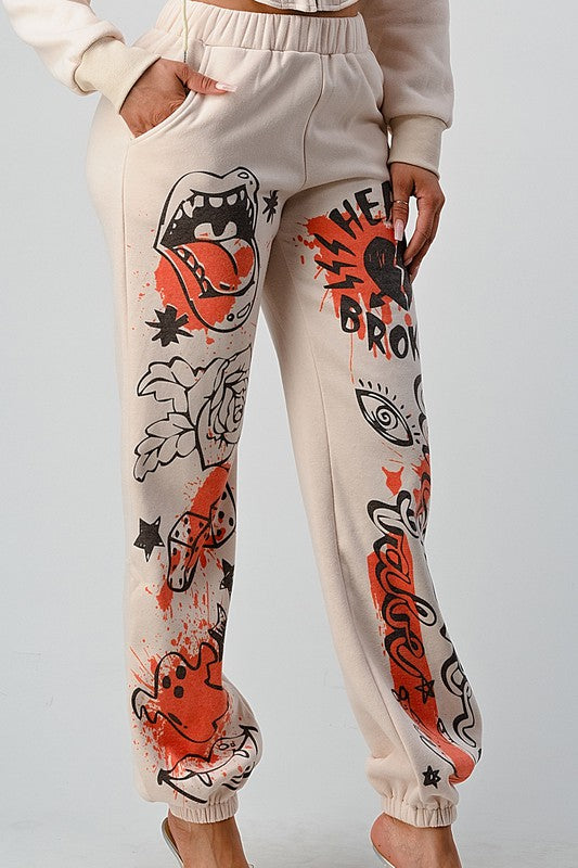 Printed Design Crop Jacket Casual Pant Set