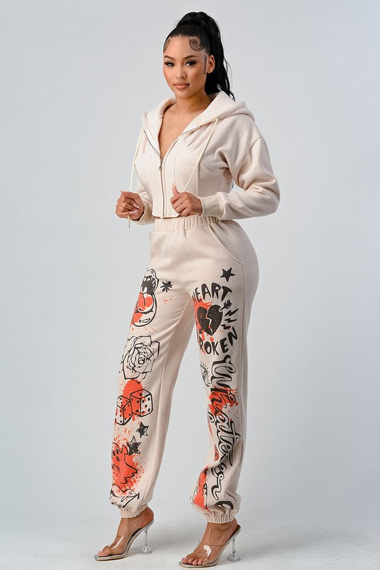 Printed Design Crop Jacket Casual Pant Set