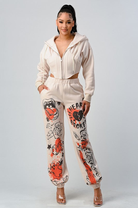 Printed Design Crop Jacket Casual Pant Set