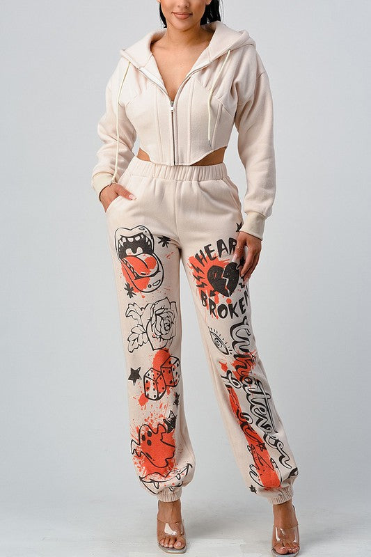 Printed Design Crop Jacket Casual Pant Set