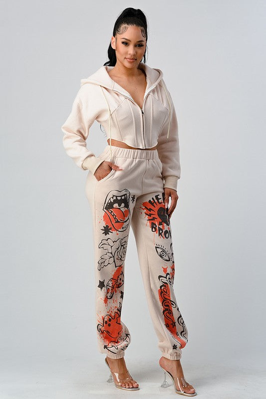 Printed Design Crop Jacket Casual Pant Set