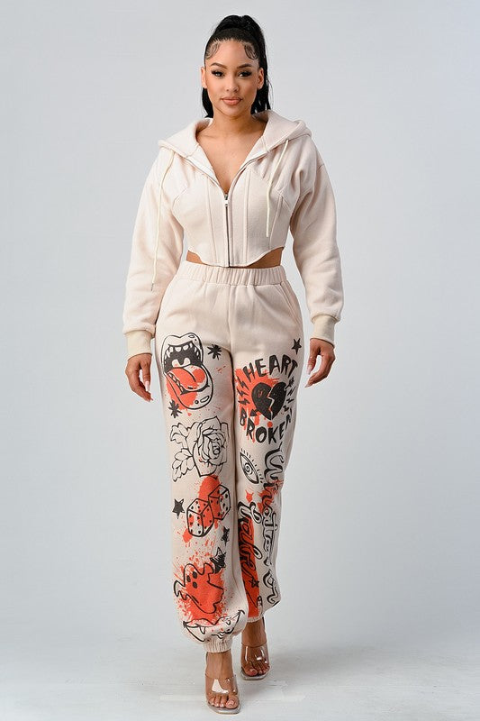 Printed Design Crop Jacket Casual Pant Set