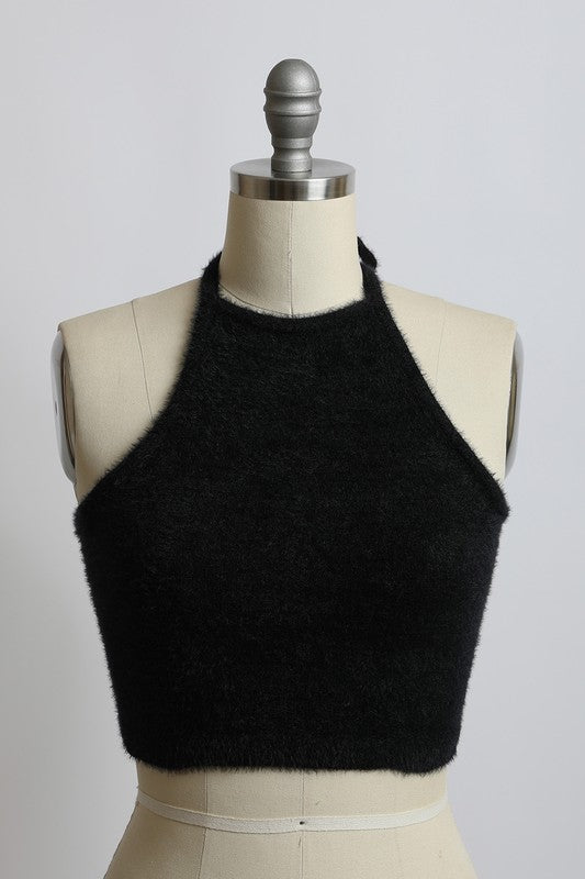 Fuzzy Sweater Halter Cropped Top king-general-store-5710.myshopify.com