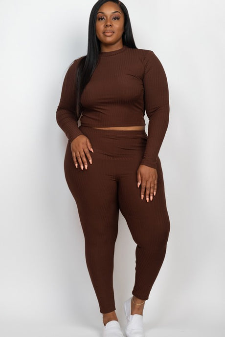 Plus Ribbed Mock Neck Long Sleeve Top & Leggings Set king-general-store-5710.myshopify.com