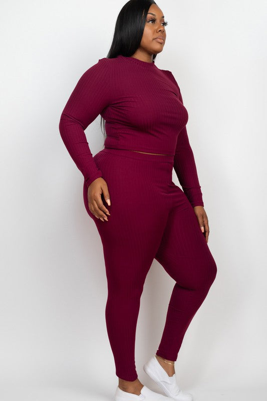 Plus Ribbed Mock Neck Long Sleeve Top & Leggings Set king-general-store-5710.myshopify.com