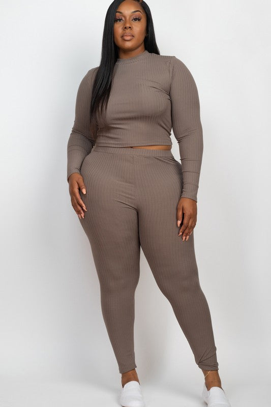 Plus Ribbed Mock Neck Long Sleeve Top & Leggings Set king-general-store-5710.myshopify.com