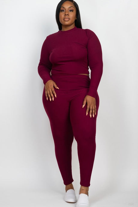 Plus Ribbed Mock Neck Long Sleeve Top & Leggings Set king-general-store-5710.myshopify.com