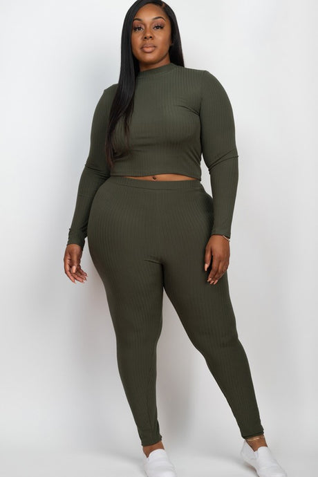 Plus Ribbed Mock Neck Long Sleeve Top & Leggings Set king-general-store-5710.myshopify.com