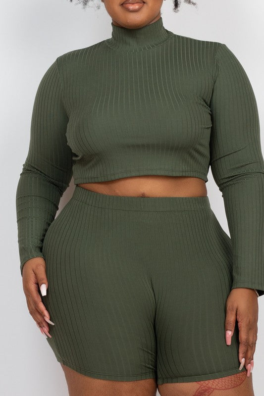 Plus Size Ribbed Mock Neck Crop Top & Shorts Set king-general-store-5710.myshopify.com