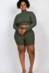 Plus Size Ribbed Mock Neck Crop Top & Shorts Set king-general-store-5710.myshopify.com