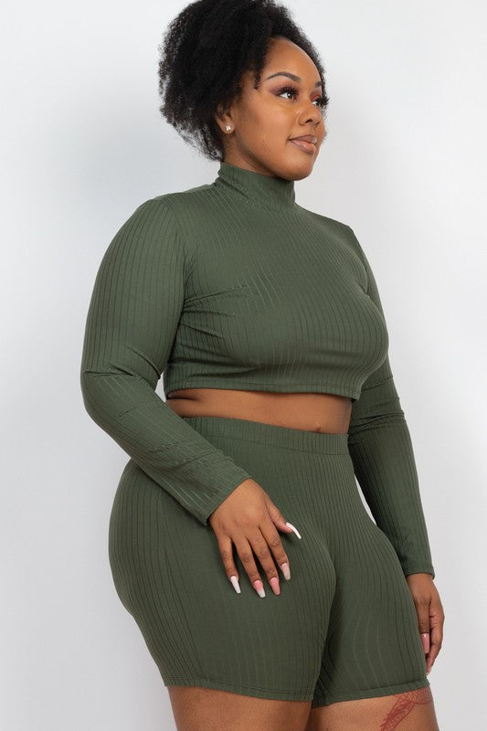 Plus Size Ribbed Mock Neck Crop Top & Shorts Set king-general-store-5710.myshopify.com