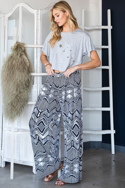 Plus Retro Vintage Print Wide Pants with Pockets