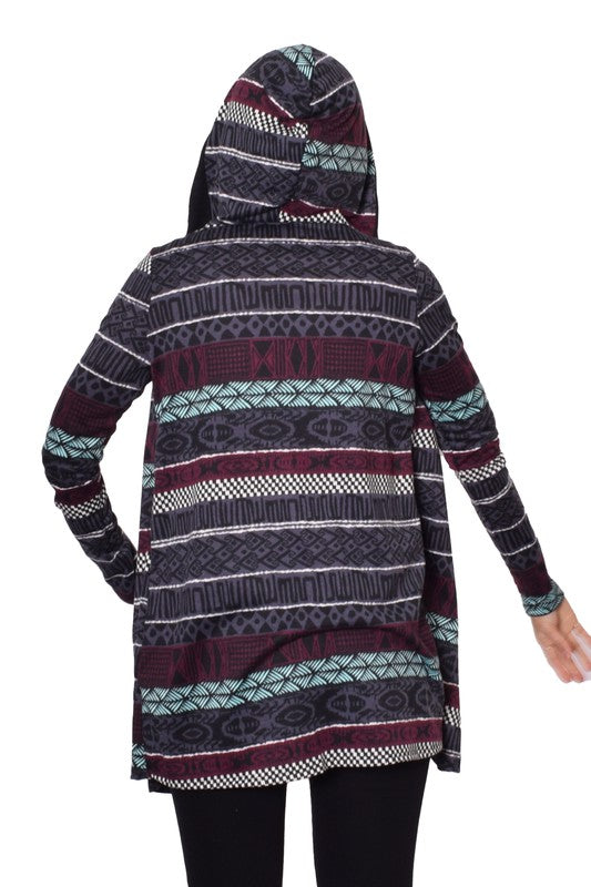 Long Tribal Print Hooded Cardigan