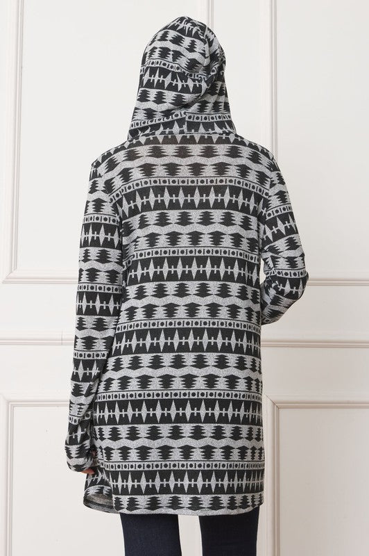 Long Tribal Print Hooded Cardigan