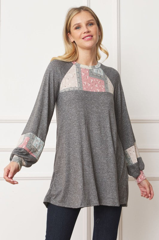 Patchwork Panel Accent A-Line Tunic Top