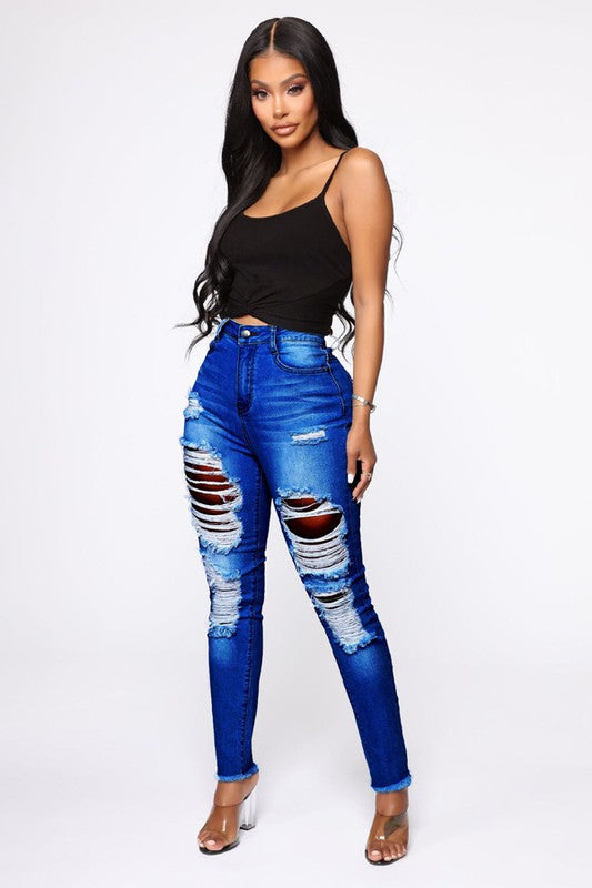 High Waist Button Skinny Multi Cut Jeans