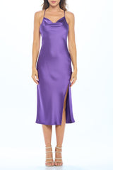 Dark Purple Satin Bias Slip Dress with Slit