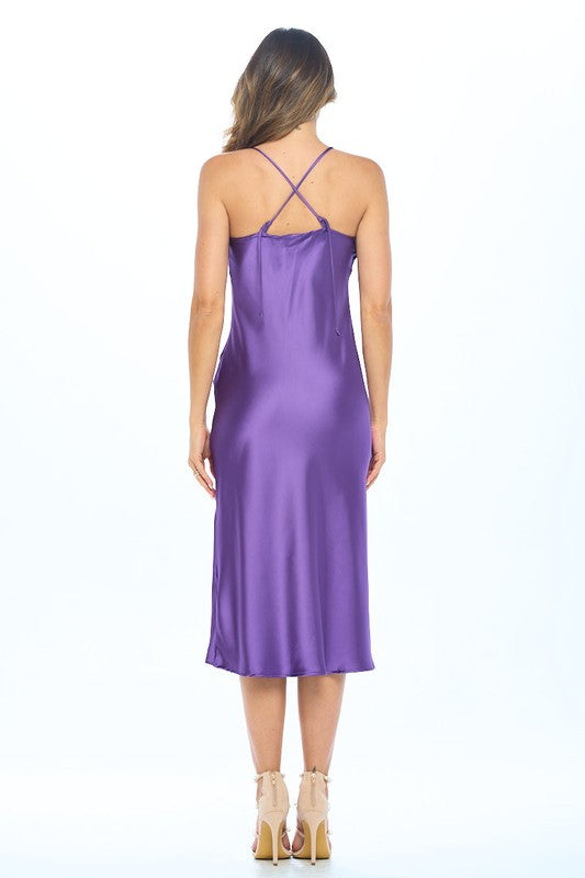 Dark Purple Satin Bias Slip Dress with Slit