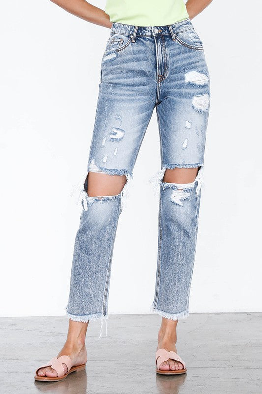 High Rise Straight Light Wash Denim Jeans