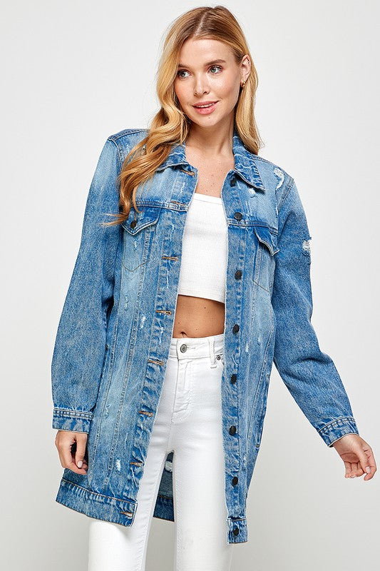 DISTRESSED WASHED 3/4 QUARTER DENIM JACKET