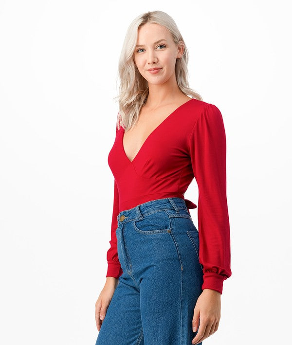 Romantic V-Neck Balloon Sleeve Tie-Back Bodysuit king-general-store-5710.myshopify.com