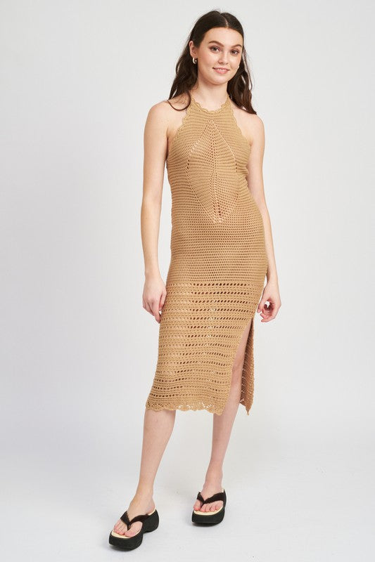 Crochet Halter Midi Dress with Side Slit