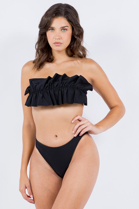 Two Piece Tube Top with Ruched Ruffle Bikini