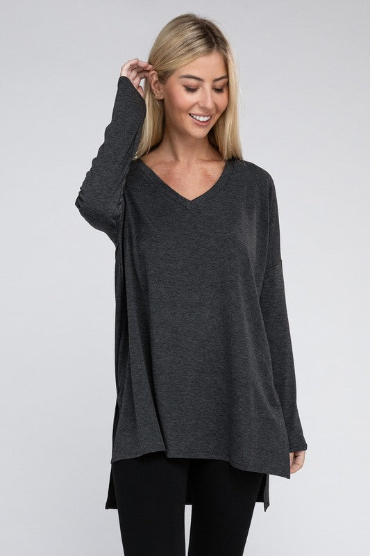 Dolman Long Sleeve V-Neck Side Slit Hi-Low Hem Top king-general-store-5710.myshopify.com