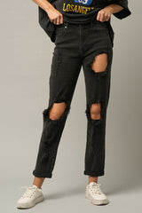 High Rise Destroyed Black Denim Jeans
